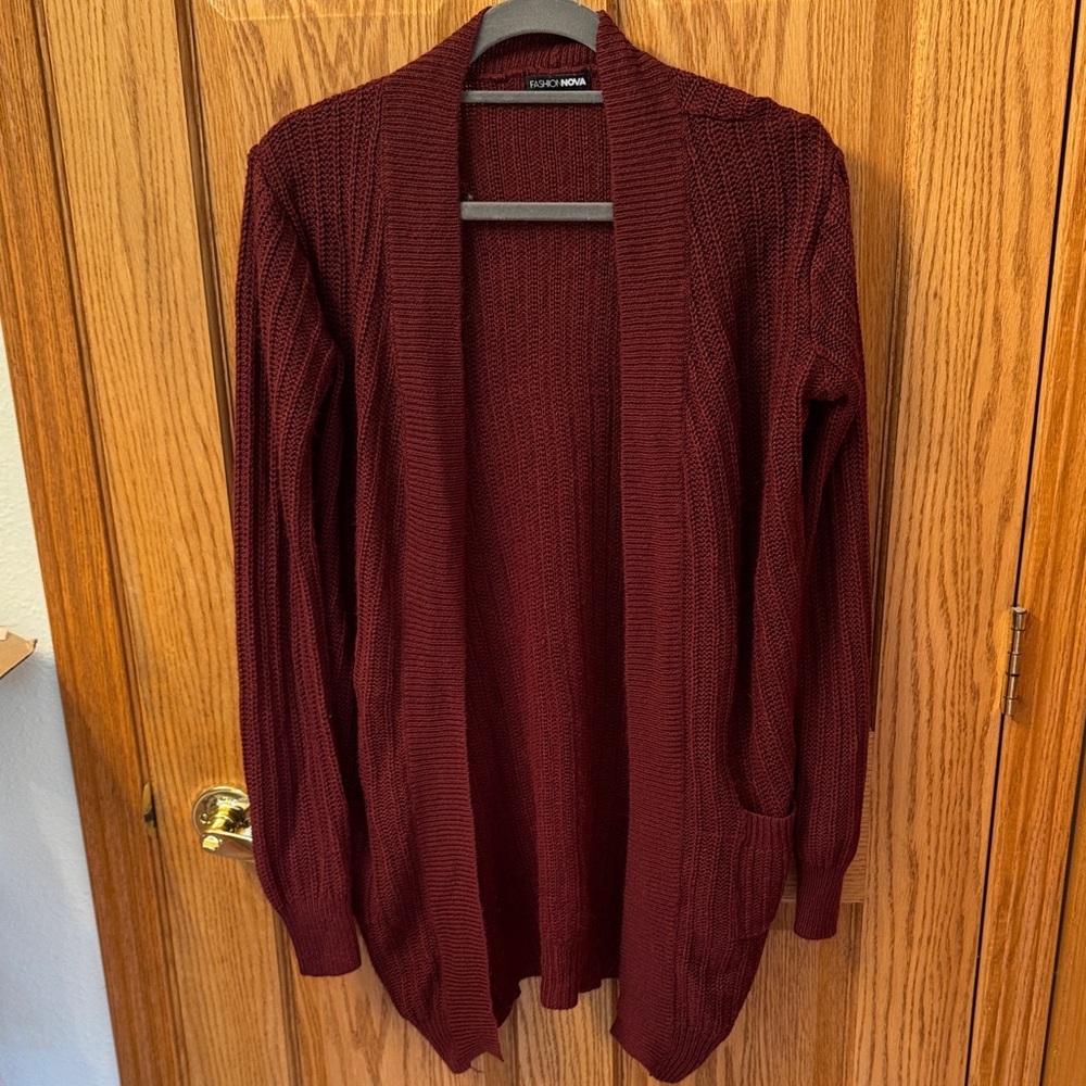 Fashion Nova Burgundy Open Front Cardigan
